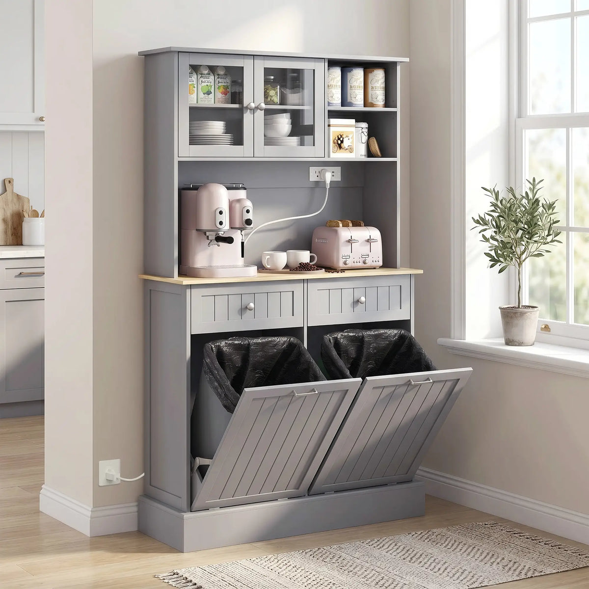 Kitchen Cabinet with Charging Station, 2 Tilt Out Cabinets, Microwave Stand, Grey Kitchen Pantry Cabinets at Gallery Canada