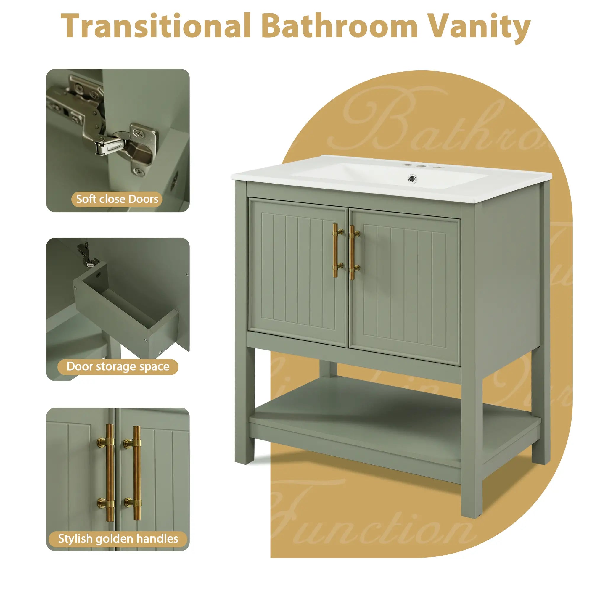 Bathroom Vanity with Ceramic Sink, Soft Close Doors, 30