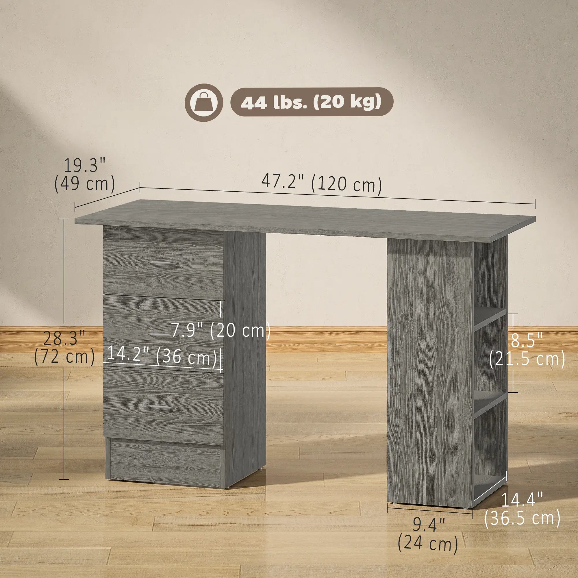 47 Inches Office Desk, 3-Tier Storage Shelves, Drawers, Grey Computer Desks at Gallery Canada
