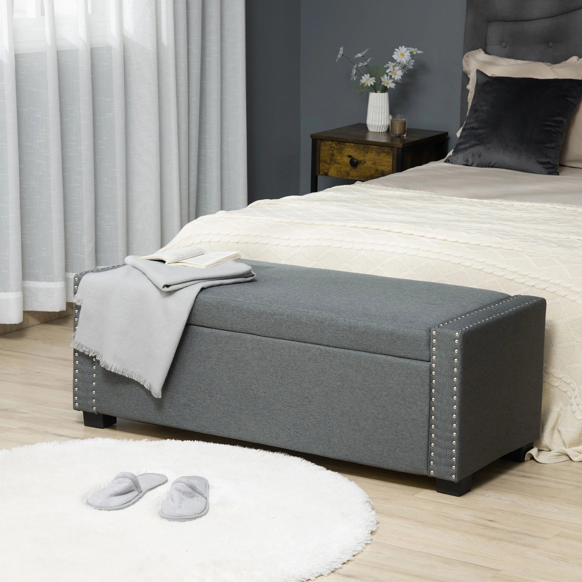 Upholstered Flip Top Storage Bench, Ottoman, Light Grey Storage Ottomans & Benches at Gallery Canada