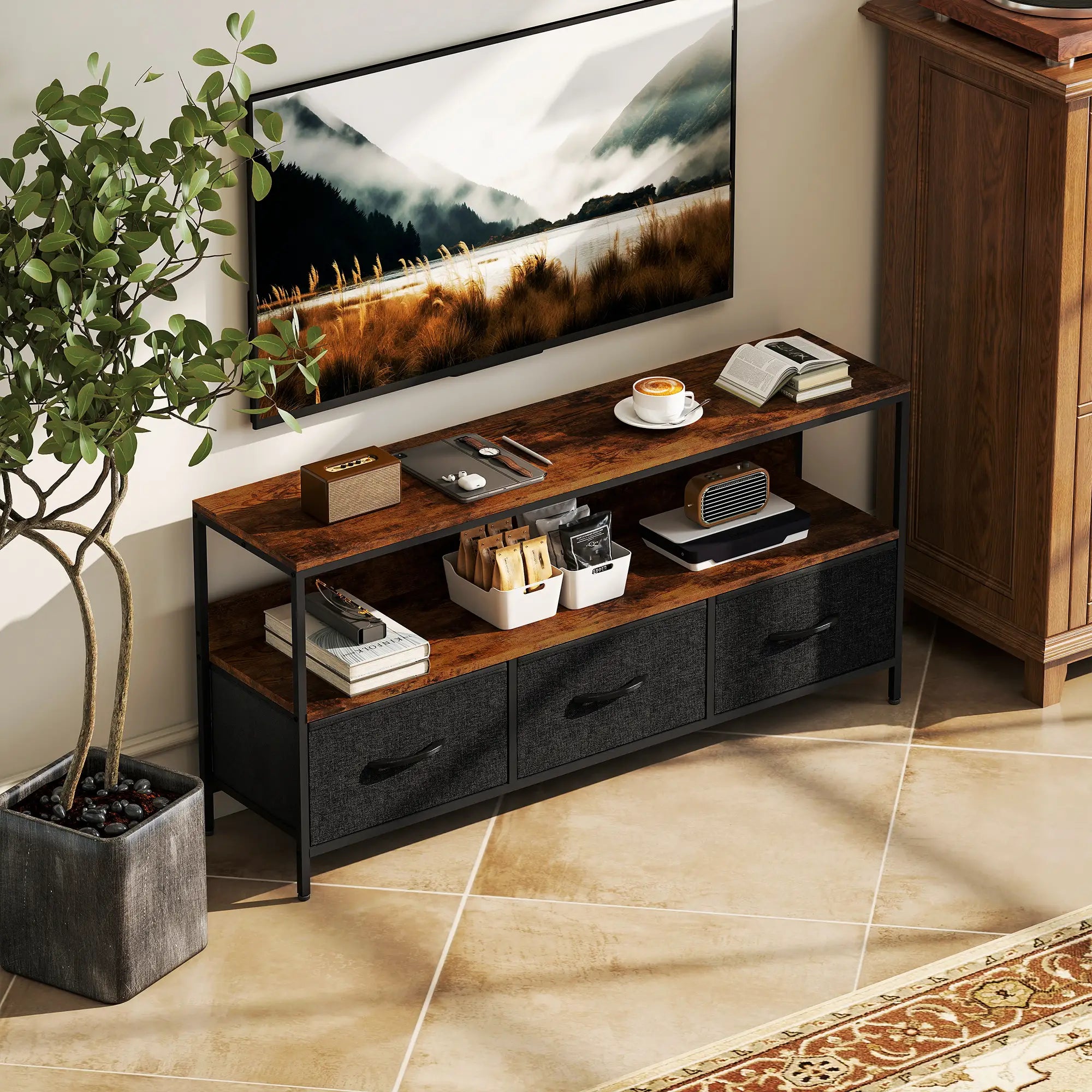 TV Stand with Charging Station, 3 Foldable Drawers, 55 Inch, Rustic Brown TV Stands at Gallery Canada