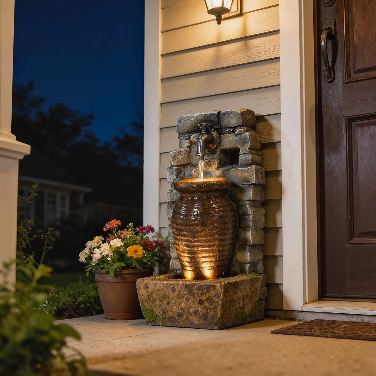 Outdoor Garden Fountain, Adjustable Water Flow, LED Lights, Rustic Urn Design Water Fountains at Gallery Canada