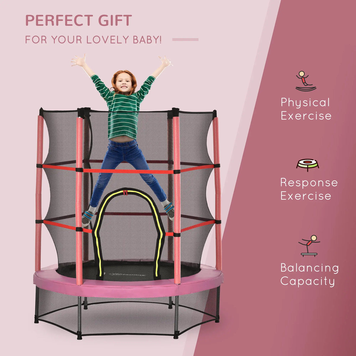 55" Kids Trampoline with Enclosure Net, Indoor/Outdoor, Pink Trampolines at Gallery Canada