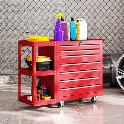 Coffre à outils roulant à 7 tiroirs, armoire verrouillable avec étagère latérale, rouge
