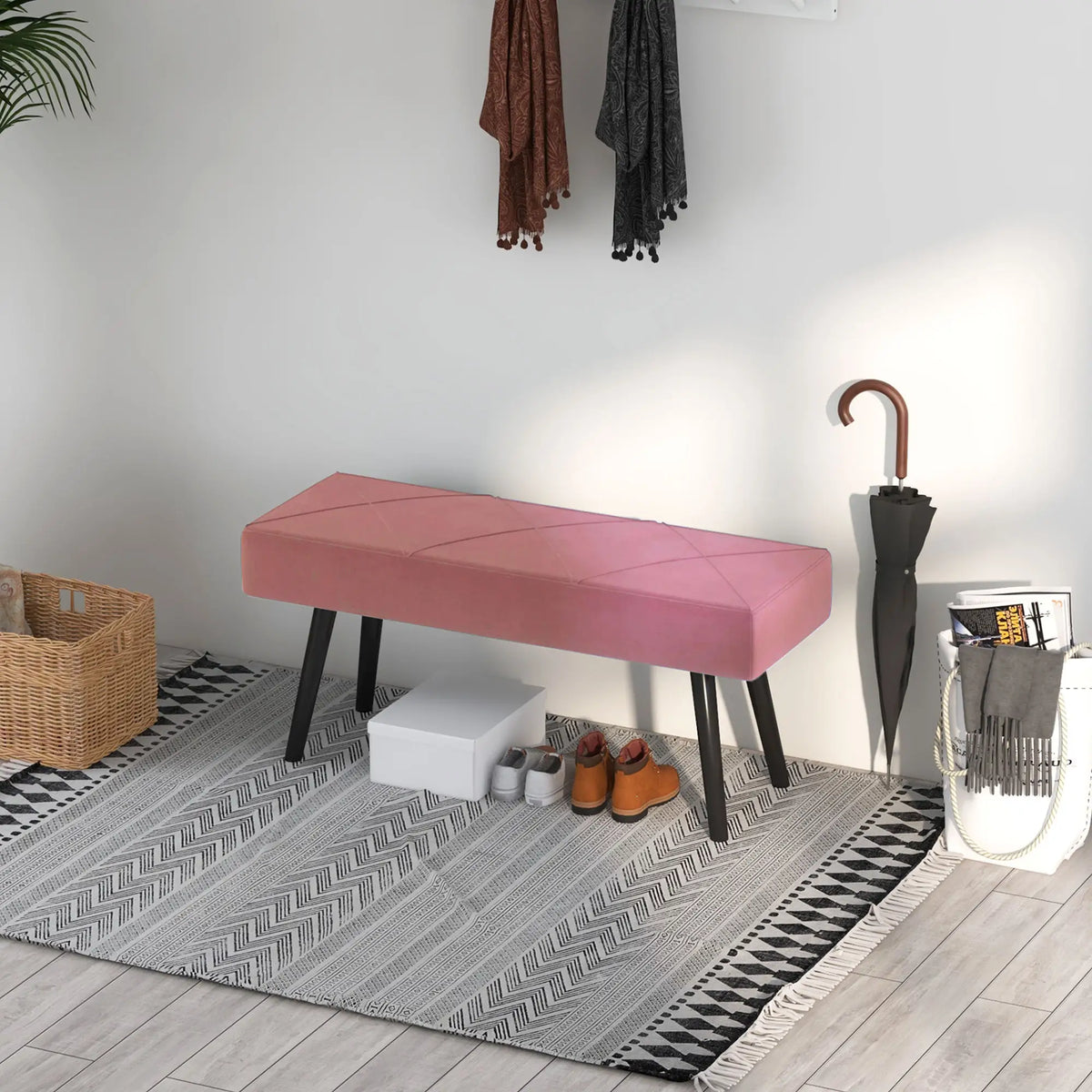 39 Inches Upholstered Bedroom Bench, Modern, Steel Legs, Pink Storage Ottomans & Benches at Gallery Canada