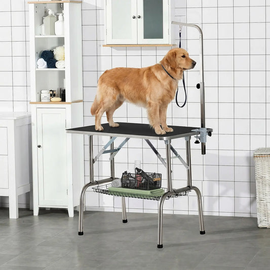 36-Inch Dog Grooming Table, Stainless Steel, Adjustable Arm, Basket Dog Grooming Tables Black, Silver at Gallery Canada