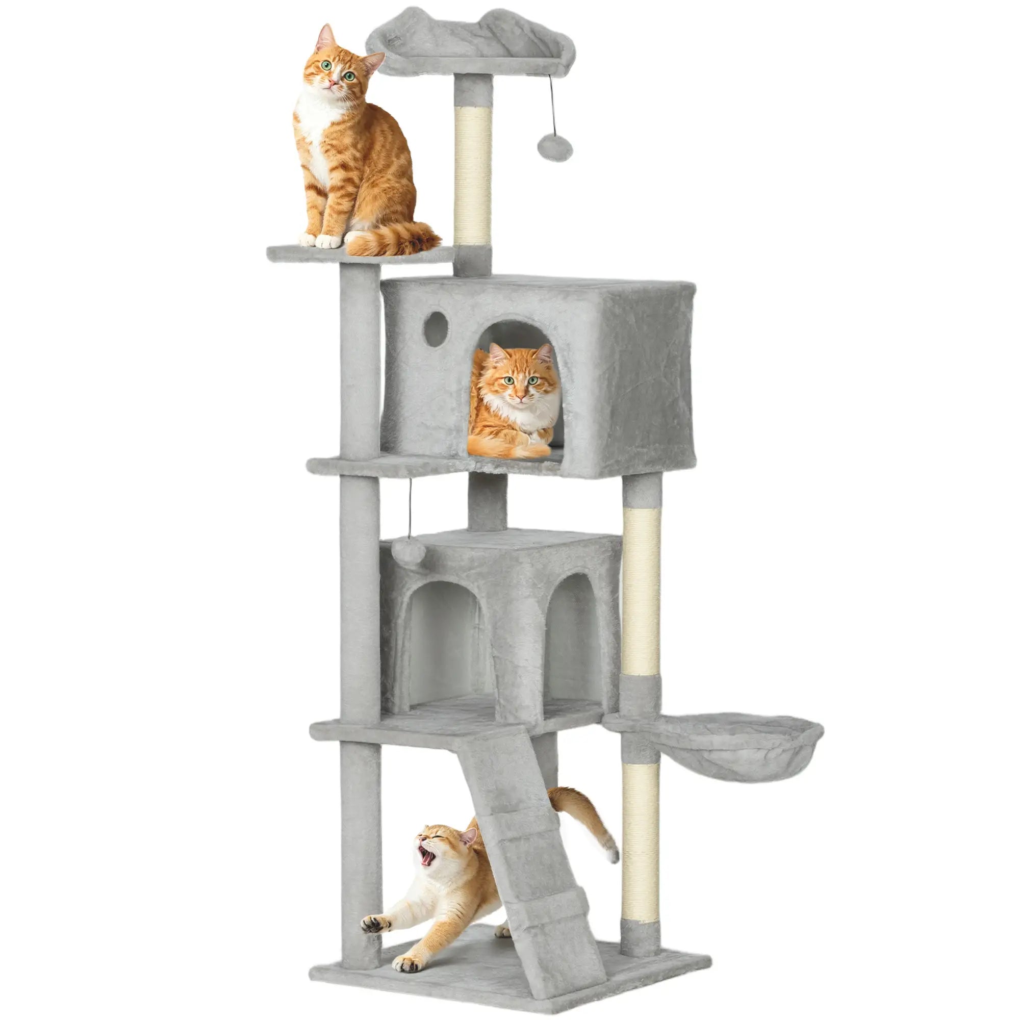 63 Inch Cat Tree, Sisal Scratching Posts, Condos, Plush Perches, Hammock, Ladder, Dangling Balls, Light Grey Cat Towers at Gallery Canada