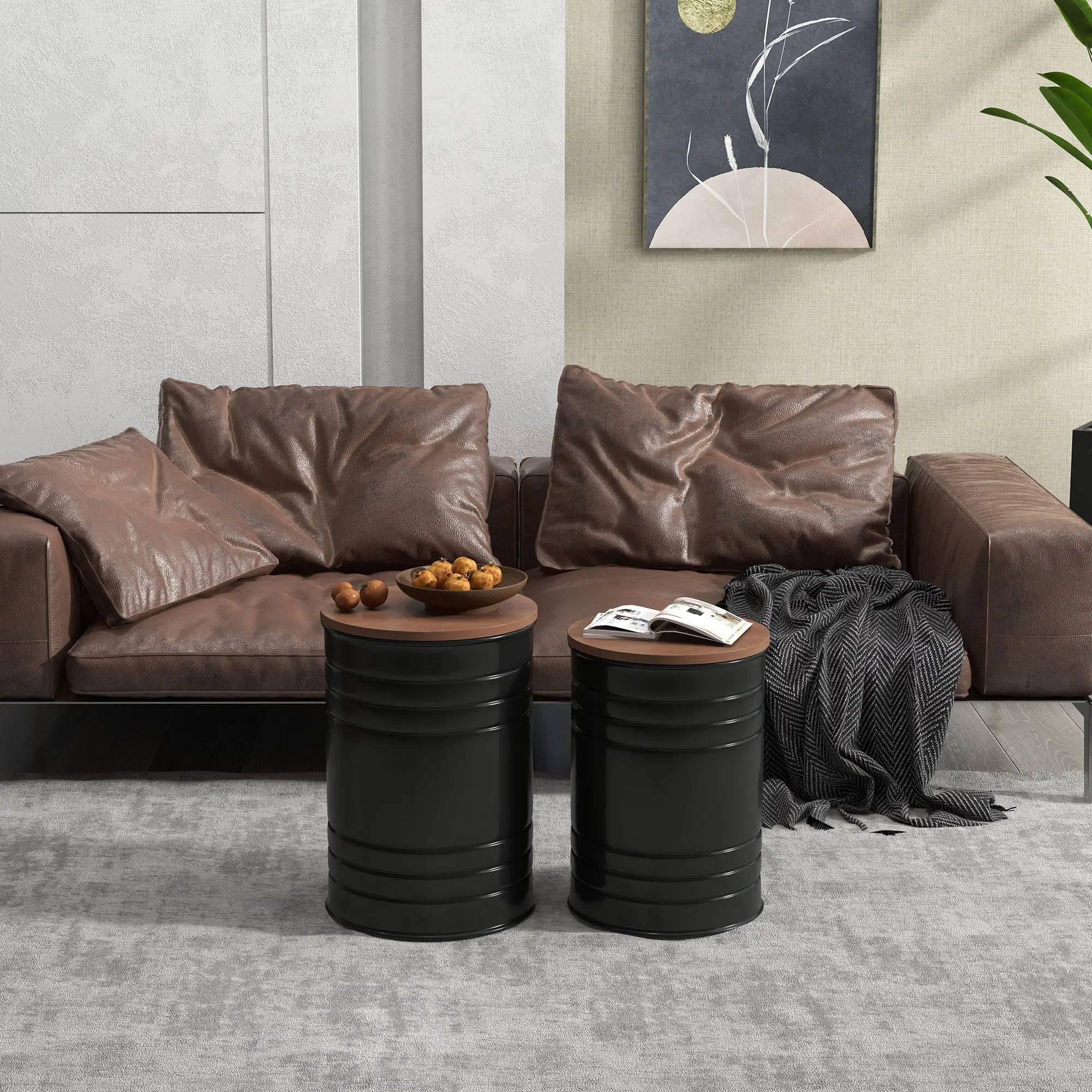 Round Side Table Set of 2, Nesting Coffee Tables, Wooden Lid, Metal Frame, Black Side Tables at Gallery Canada