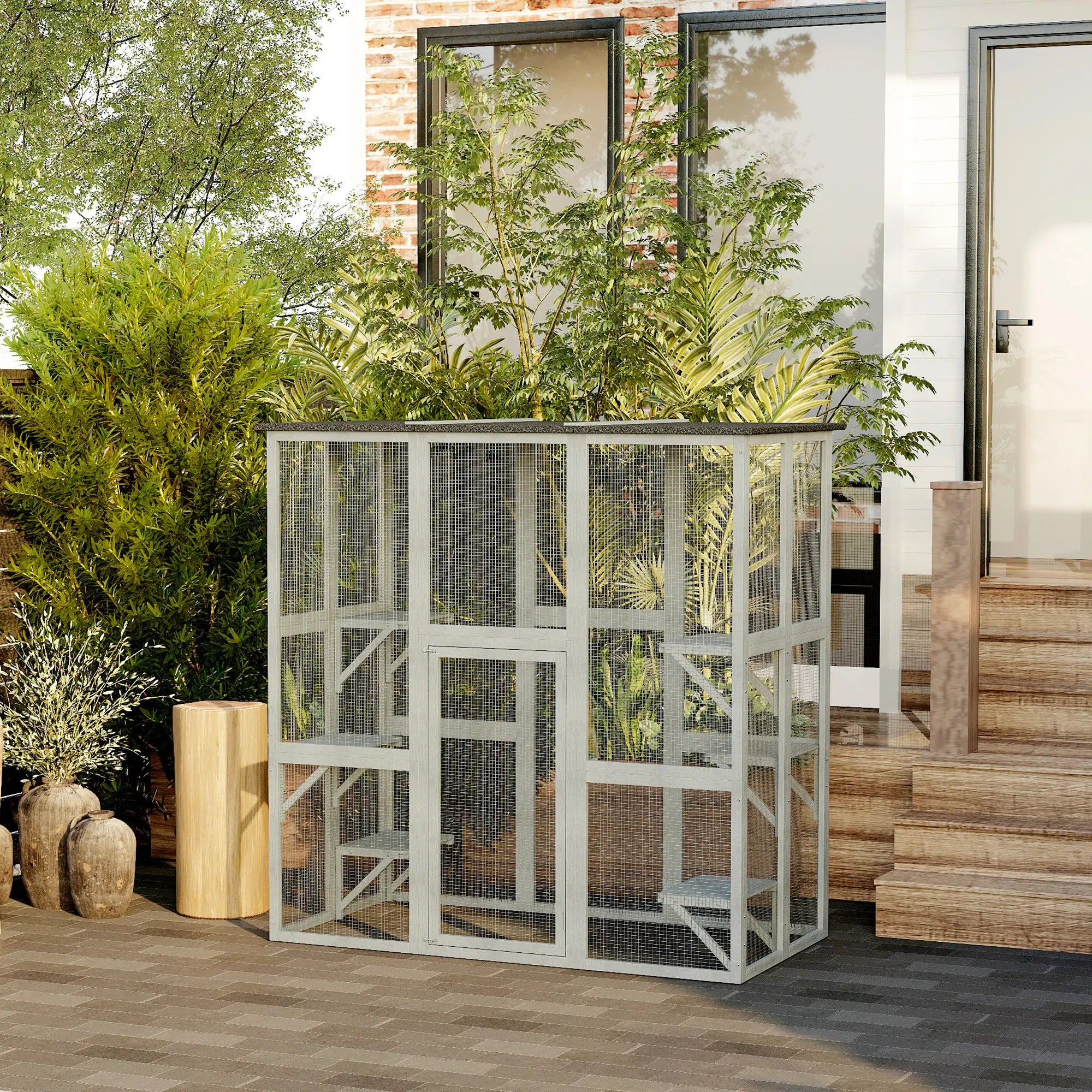 Large Outdoor Catio Enclosure, Weatherproof Cat House, Wooden Patio Cage, 6 Platforms, 71