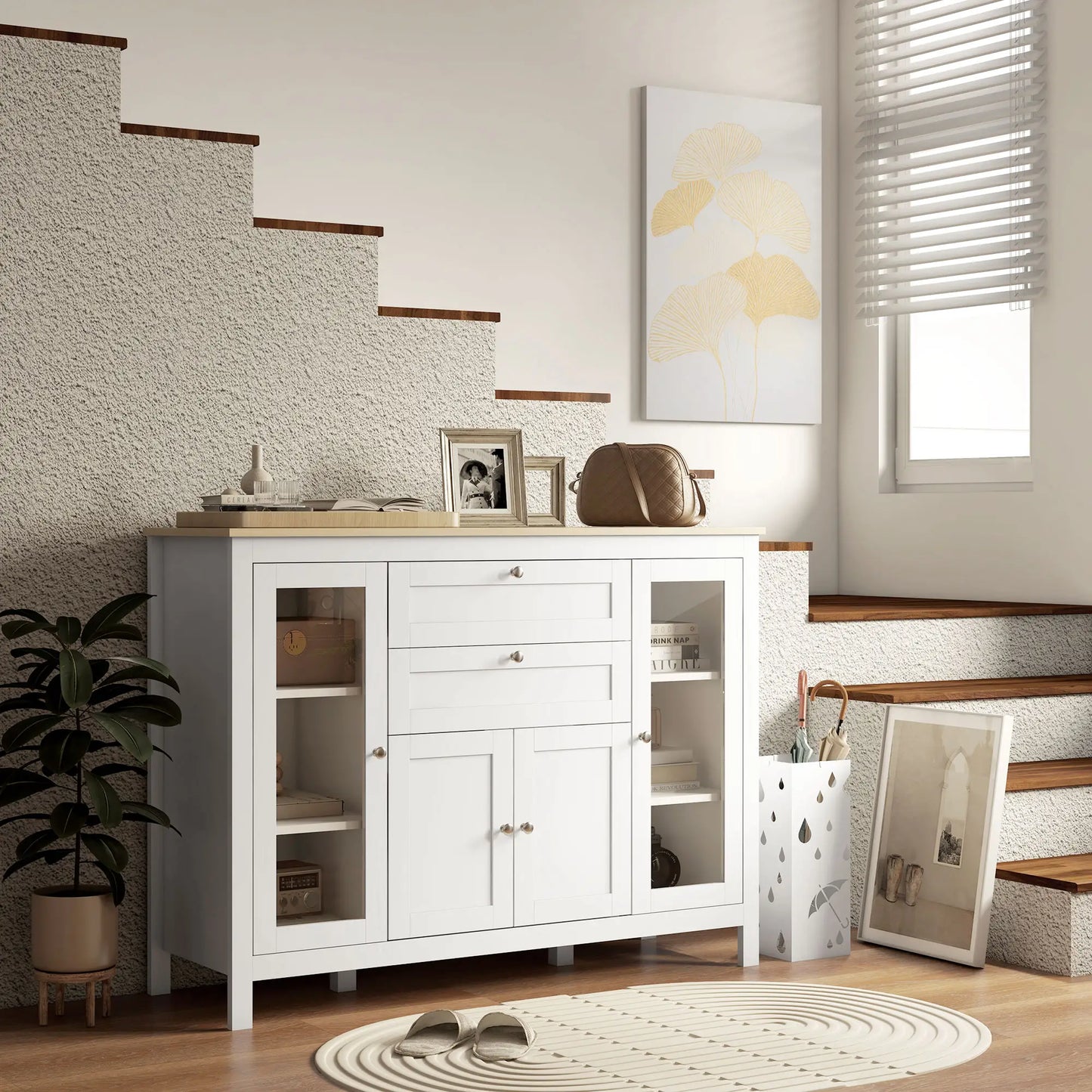 White Buffet Cabinet, 2 Drawers, 3 Cabinets, Glass Doors, Adjustable Shelves, White Bar Cabinets at Gallery Canada