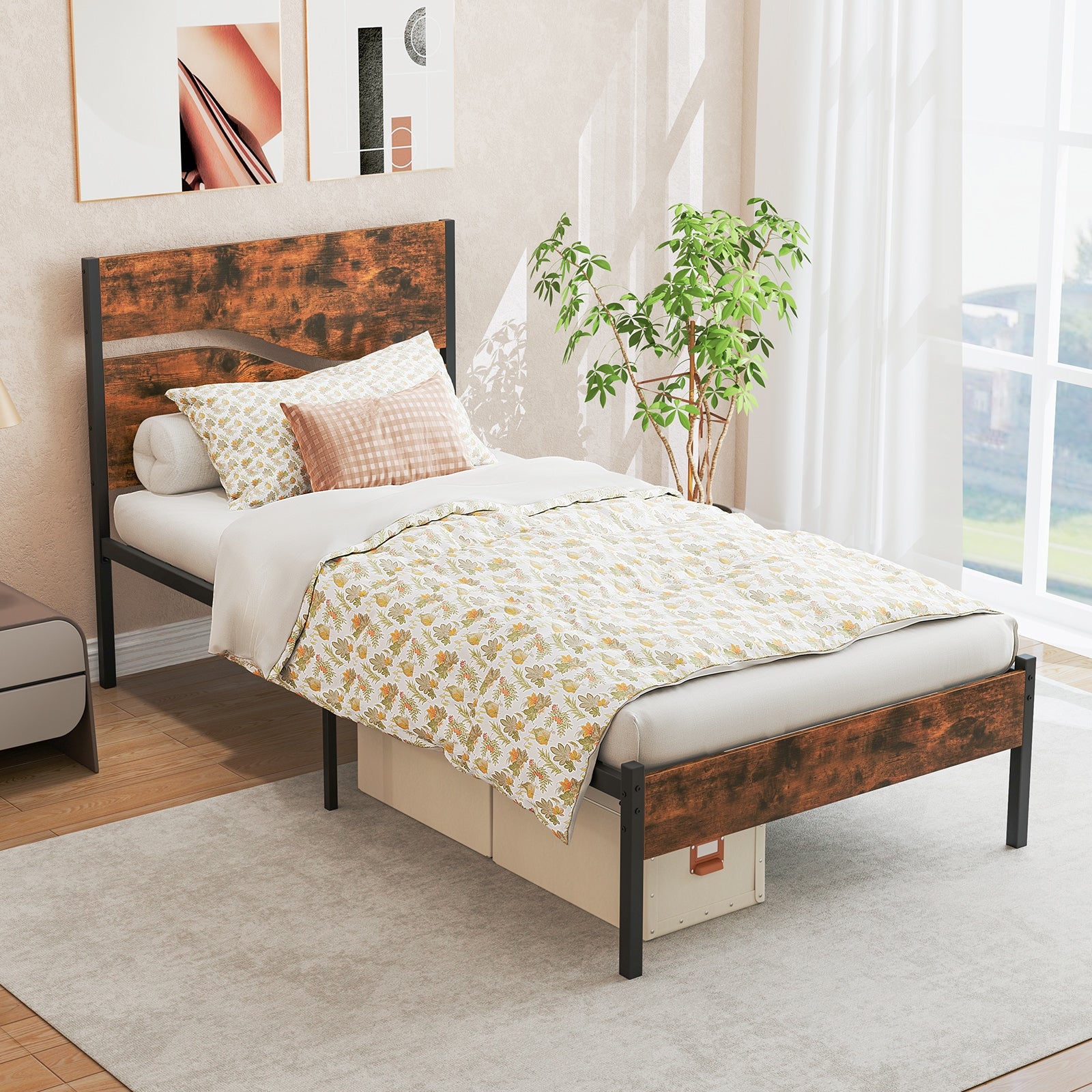 Metal Bed Frame With Wooden Headboard, Twin Size, Rustic Brown Simple Bed Frame at Gallery Canada