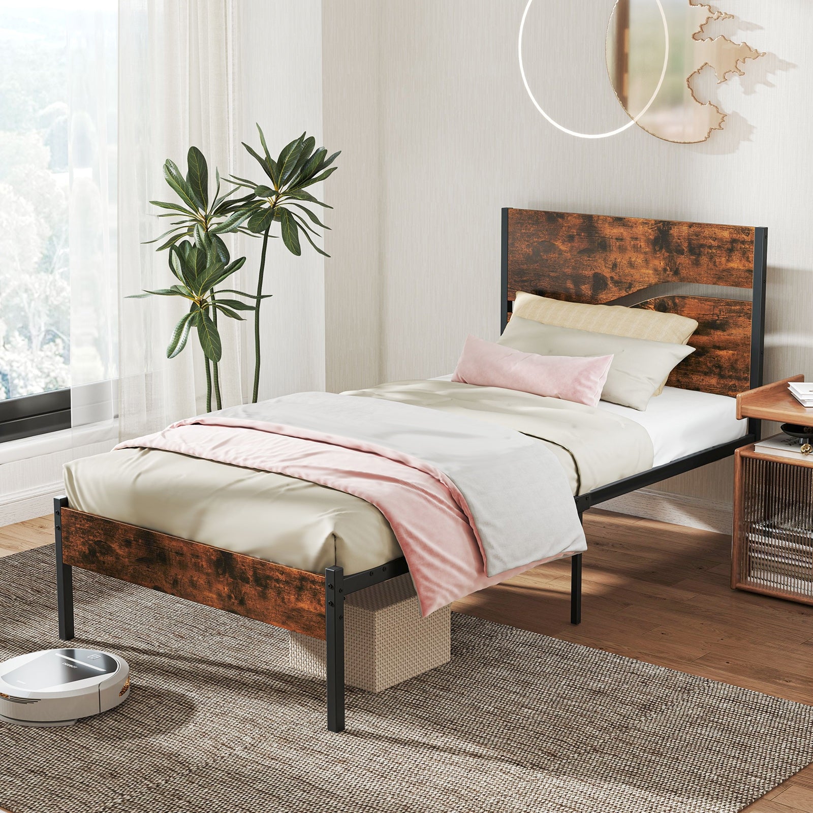 Metal Bed Frame With Wooden Headboard, Twin Size, Rustic Brown Simple Bed Frame at Gallery Canada