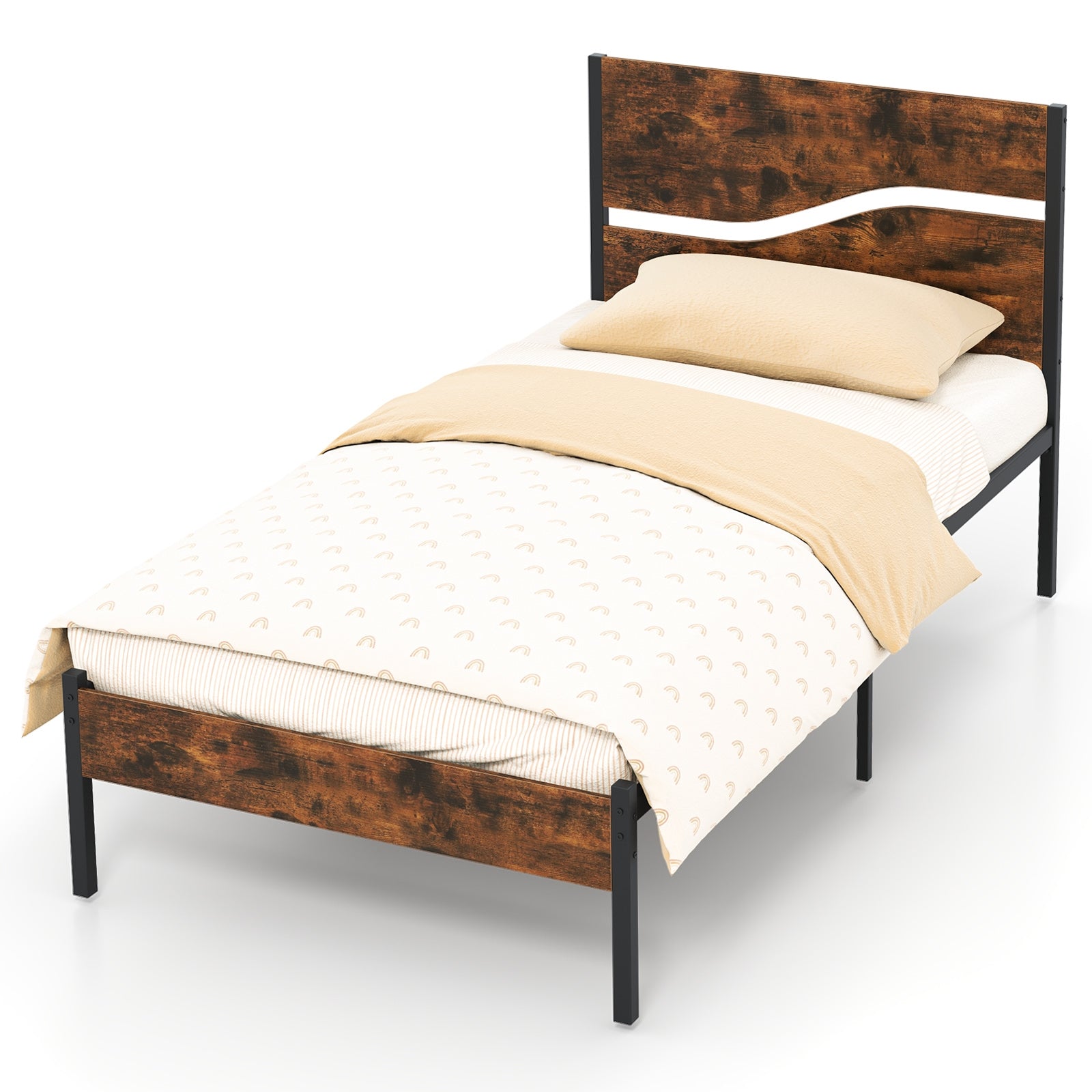 Metal Bed Frame With Wooden Headboard, Twin Size, Rustic Brown Simple Bed Frame at Gallery Canada