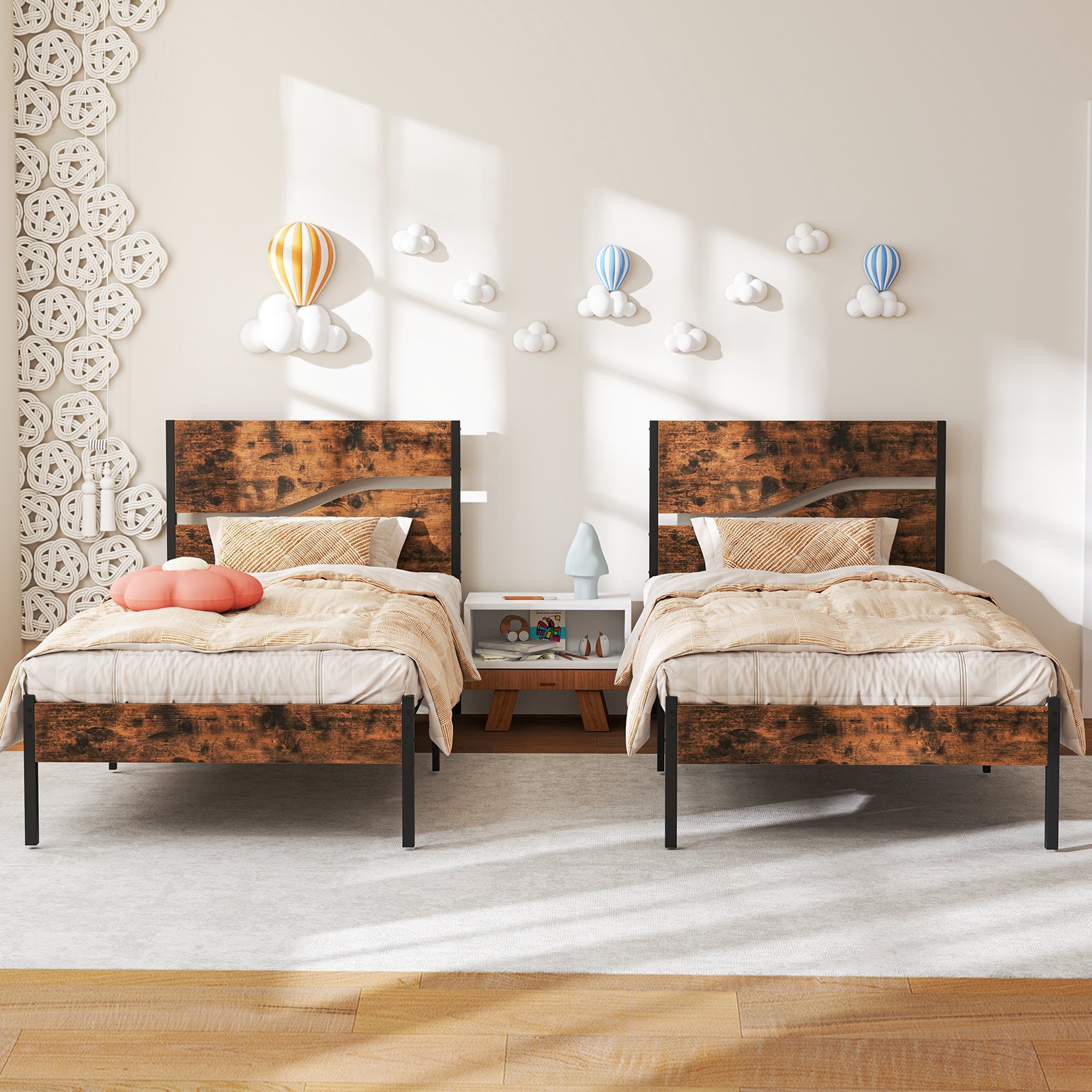 Metal Bed Frame With Wooden Headboard, Twin Size, Rustic Brown Simple Bed Frame at Gallery Canada