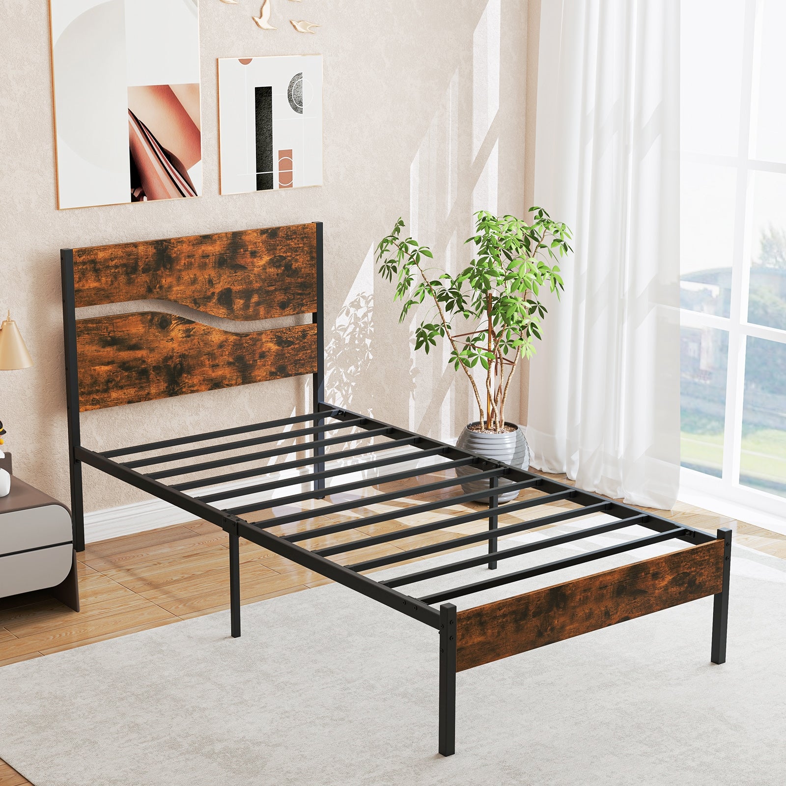 Metal Bed Frame With Wooden Headboard, Twin Size, Rustic Brown Simple Bed Frame at Gallery Canada