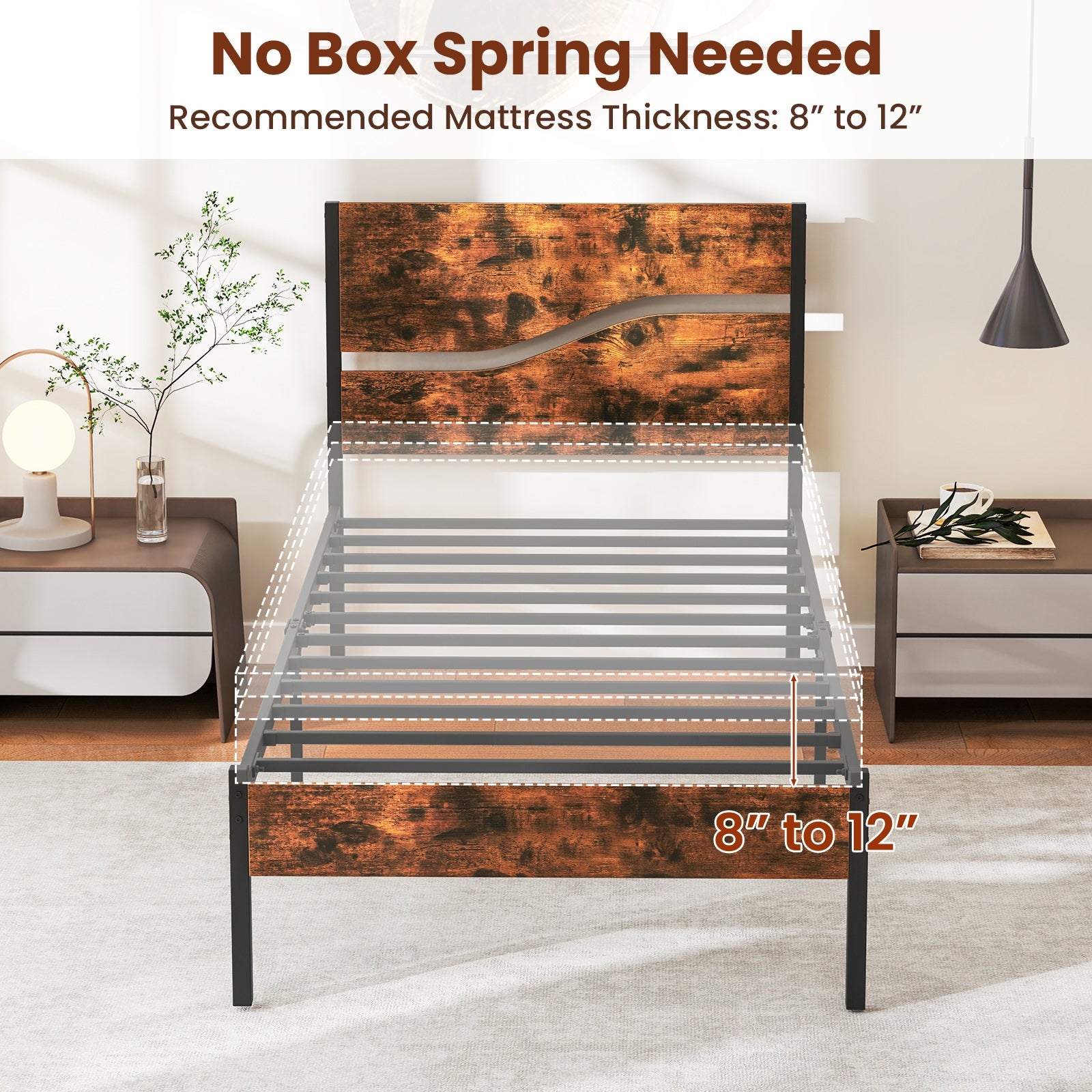 Metal Bed Frame With Wooden Headboard, Twin Size, Rustic Brown Simple Bed Frame at Gallery Canada