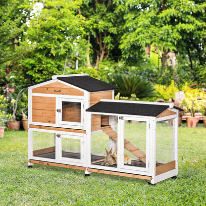 62" Wooden Rabbit Hutch with Wheels, Run Box, Tray, Ramp, Yellow Rabbit Hutch at Gallery Canada