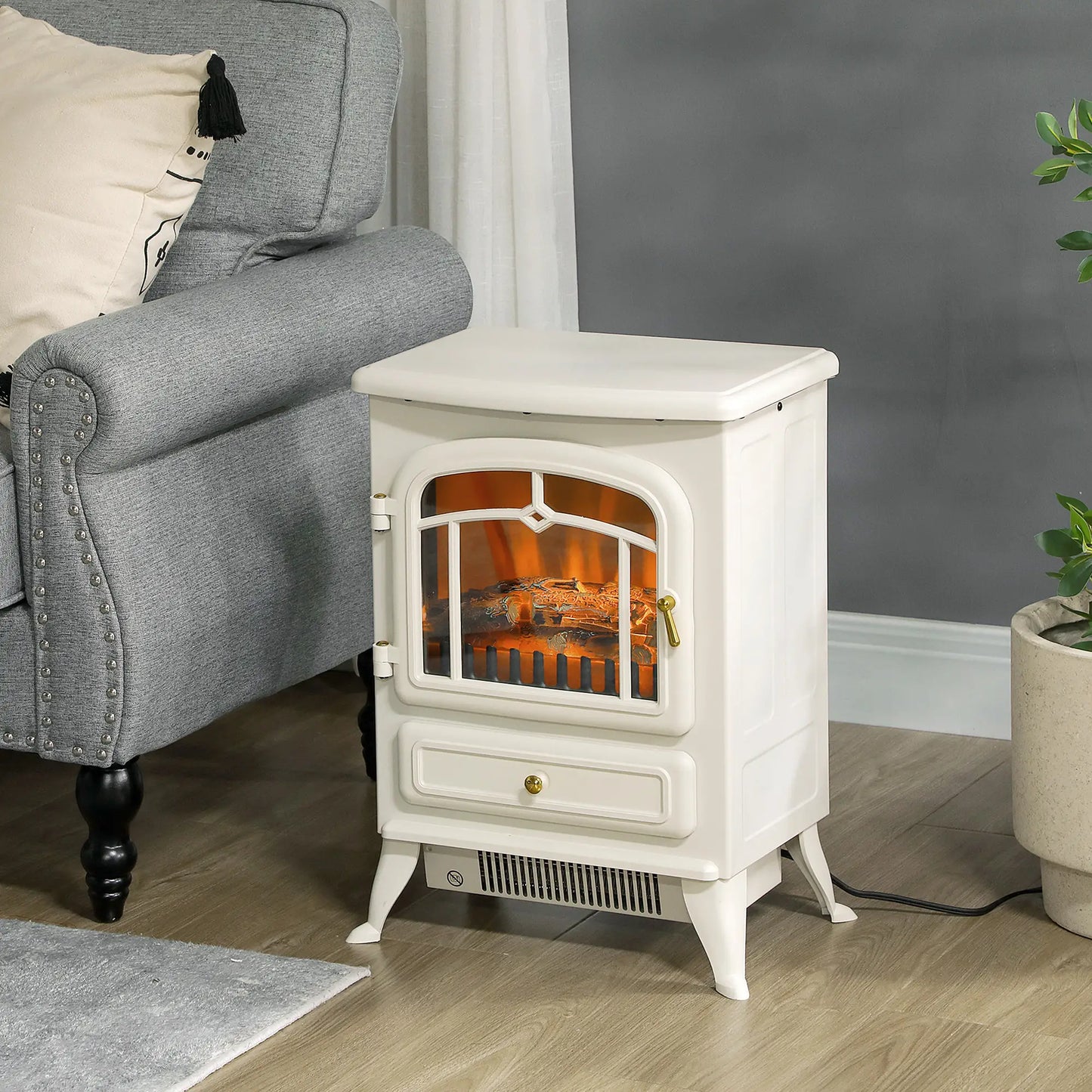 16" Freestanding Electric Fireplace Heater, Wood Flame, 750/1500W, Beige Electric Fireplaces at Gallery Canada