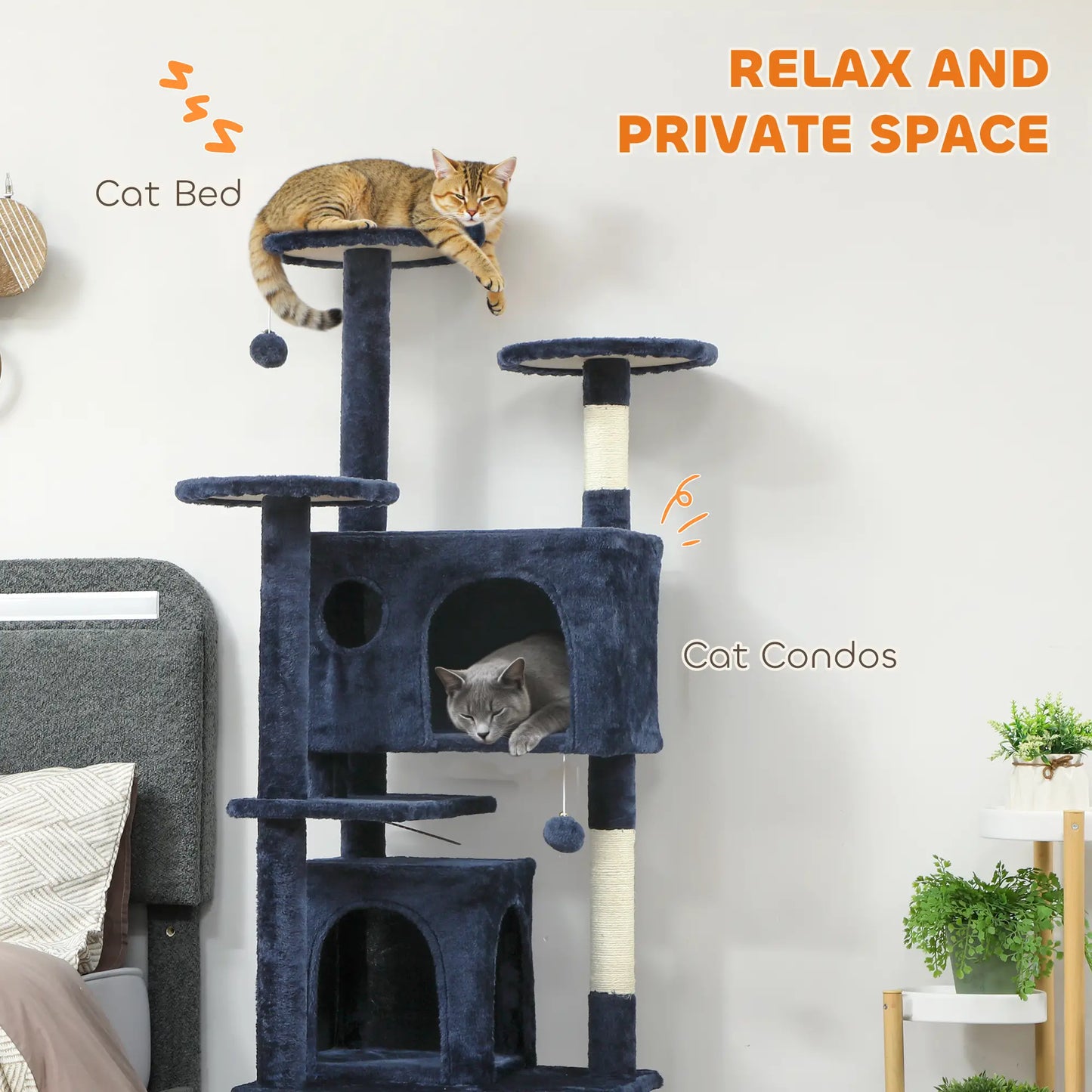 63" Cat Tree, Multi-Level Tower, Scratching Posts, Condos, Bed, Dark Blue Multi-Level Cat Towers at Gallery Canada