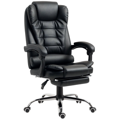 High Back Office Chair, PU Leather, Retractable Footrest, Padded Armrest, Black