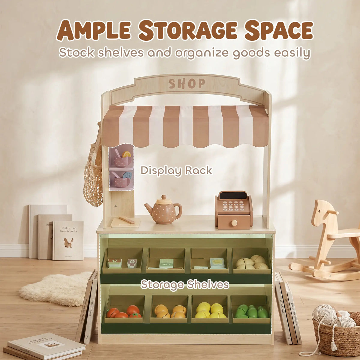 Wooden Grocery Store Playset, 61 Accessories, Play Food, Cash Register Toy Playsets at Gallery Canada
