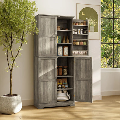 Farmhouse Kitchen Pantry Cabinet, Barn Doors, Adjustable Shelves, Distressed, Grey Storage Cabinets at Gallery Canada