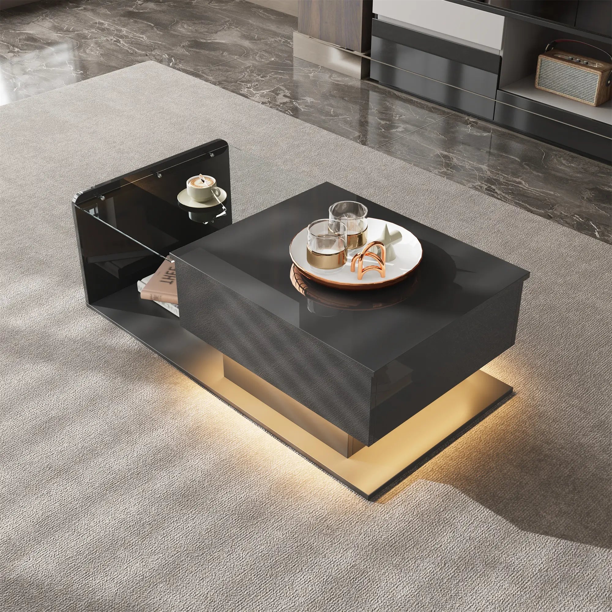 Coffee Table, Tempered Glass Top, LED Light, Adjustable Height, 39.5