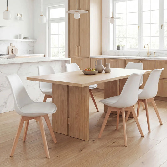 Rubber Wood Dining Table Chairs Set, 6 Chairs, PU Leather Cushion Dining Chairs White, Natural at Gallery Canada