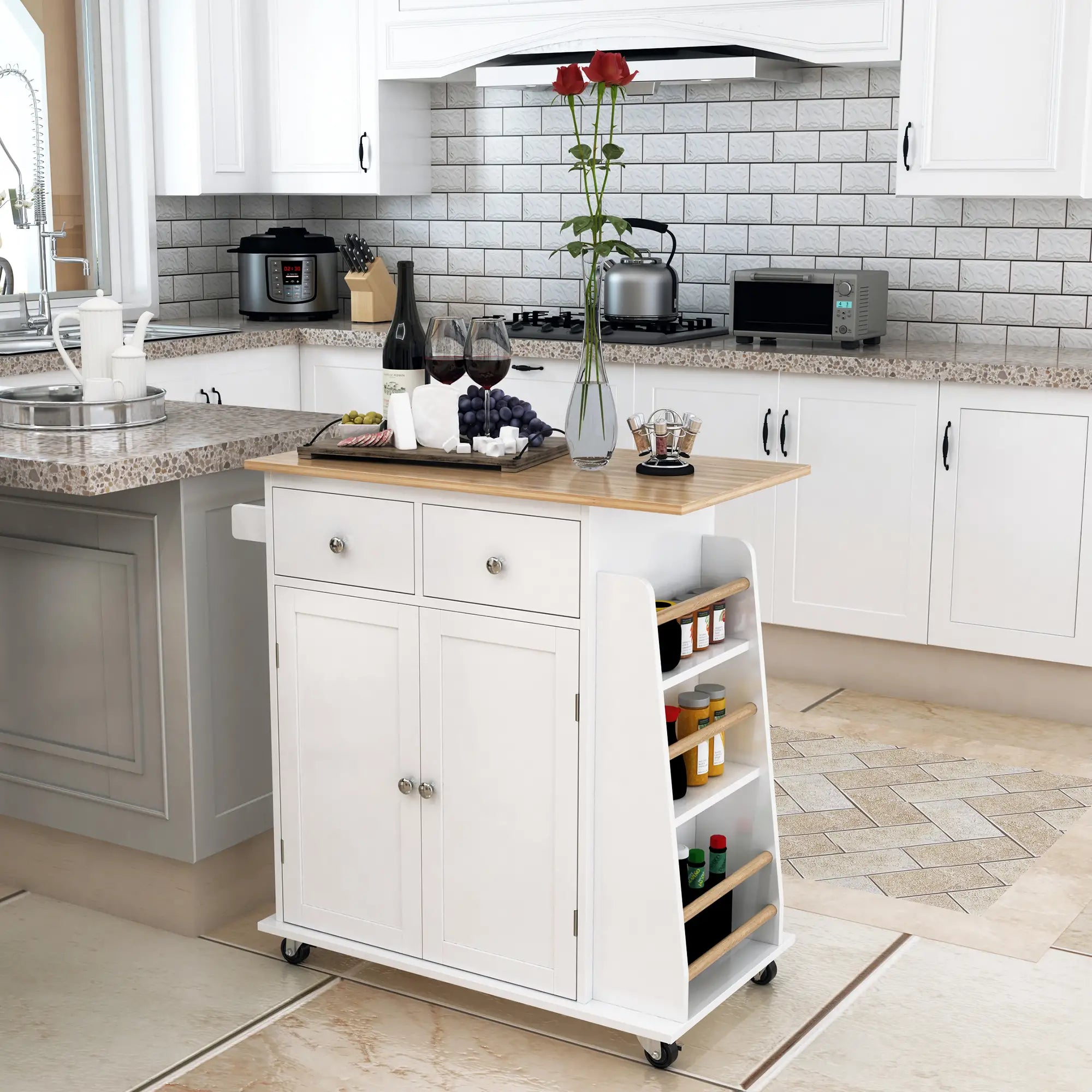 Rolling Kitchen Island Cart, Rubber Wood Top, 3-Tier Spice Rack, White Kitchen Islands & Kitchen Carts at Gallery Canada