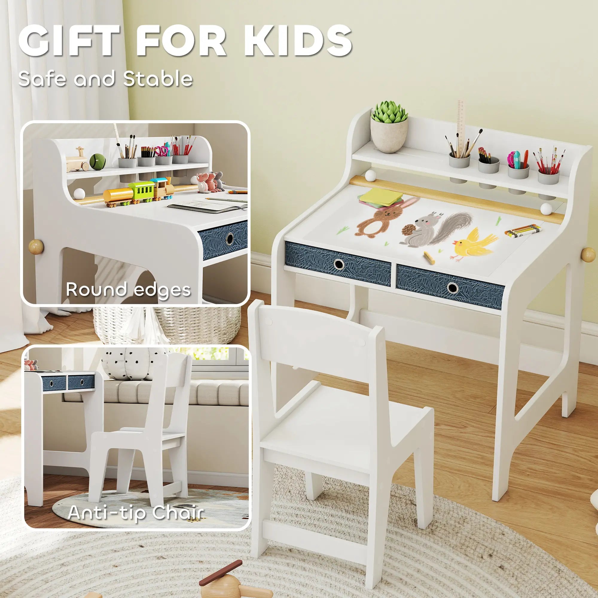 Kids Study Table and Chair Set, Art Desk with Storage Shelf, 3-8 Year Old Kids Desk Sets at Gallery Canada