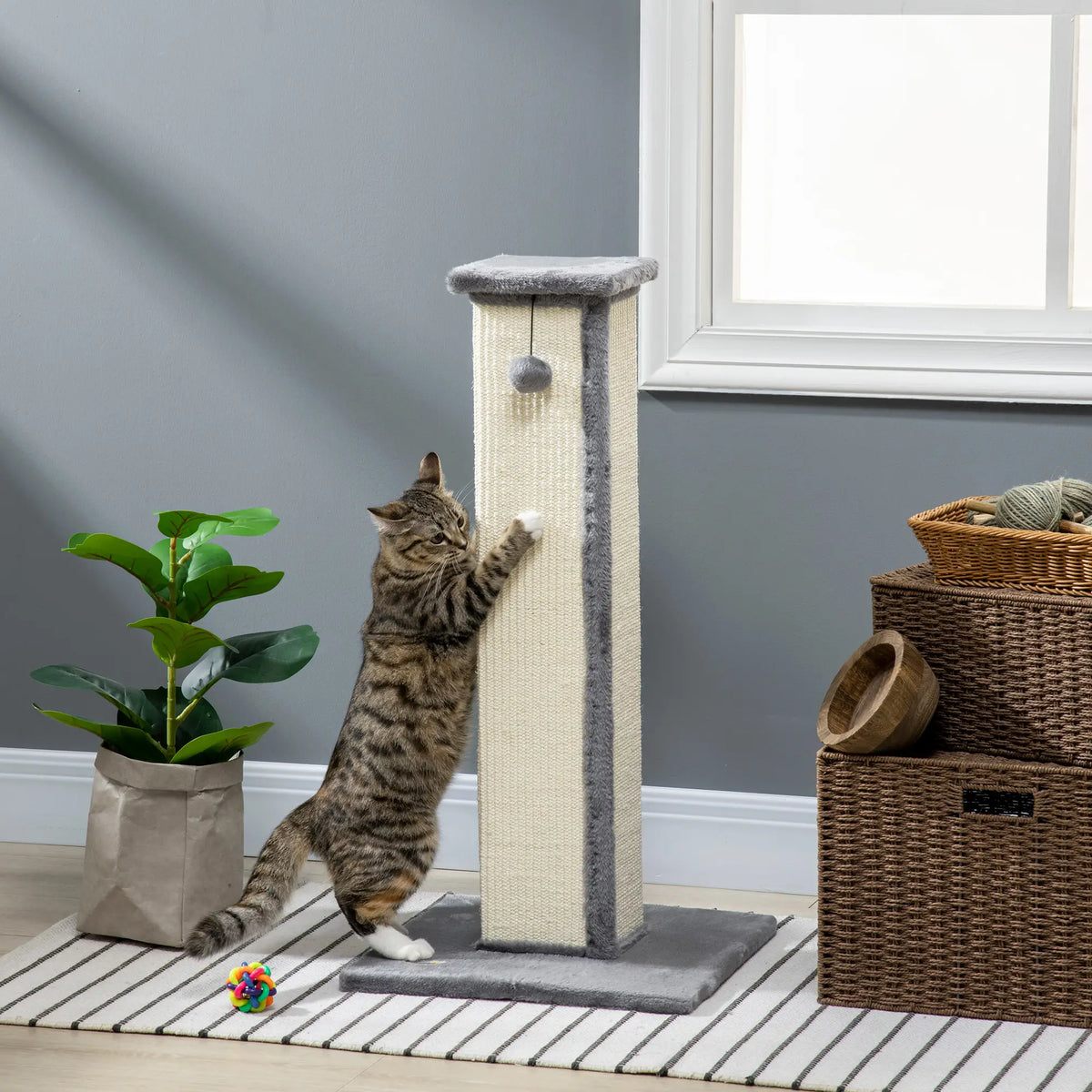 32" Tall Cat Scratching Post, Sisal Scratcher with Hanging Ball, Grey Cat Posts at Gallery Canada