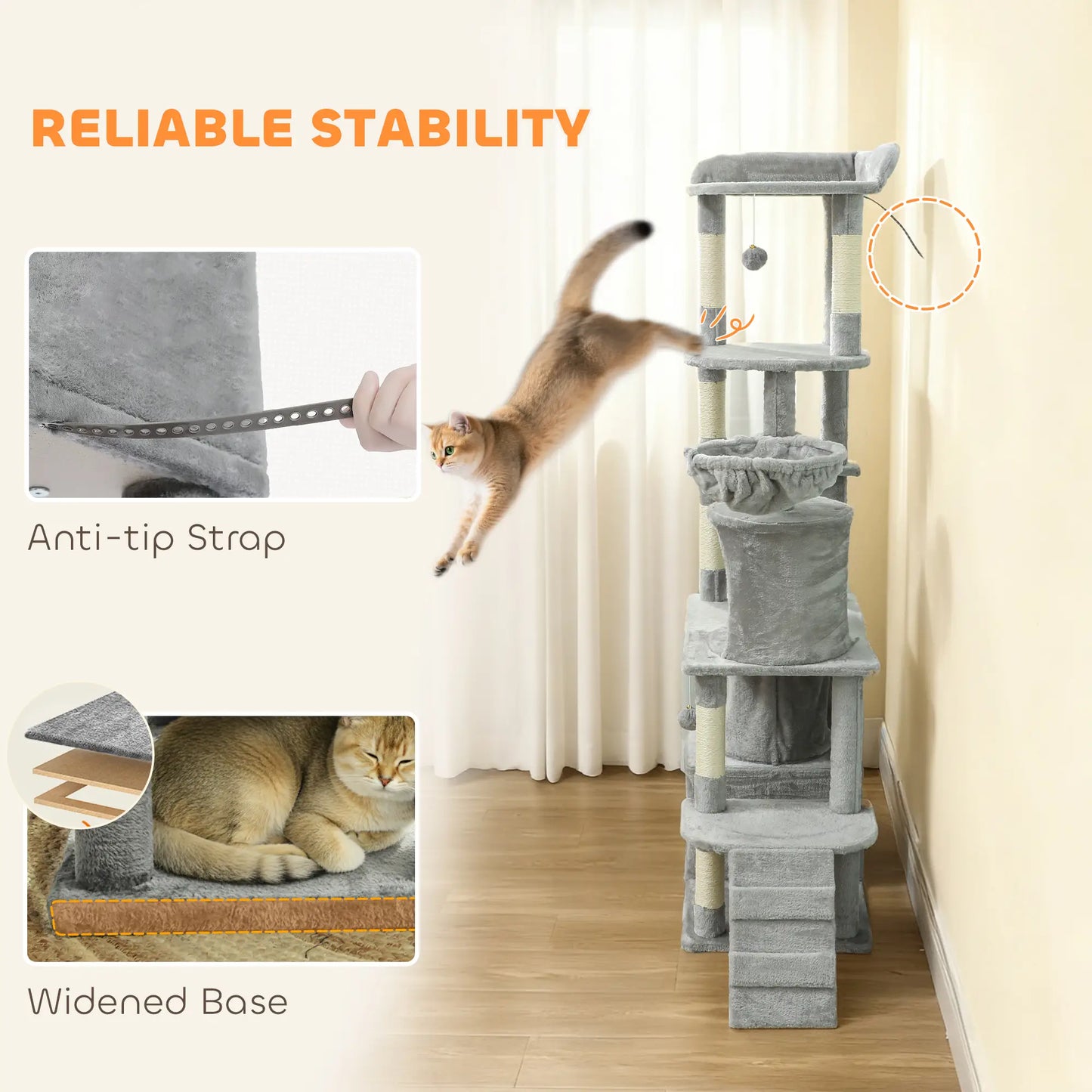 67" Large Cat Tree with 7 Scratching Posts, Tunnel, 2 Condos, Hammock, Perch, Ramp, Pompoms, Light Grey Multi-Level Cat Towers at Gallery Canada