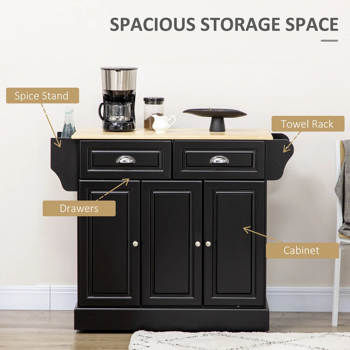 Kitchen Island with Storage, Rolling Cart, Rubber Wood Top, Black Kitchen Islands & Kitchen Carts at Gallery Canada