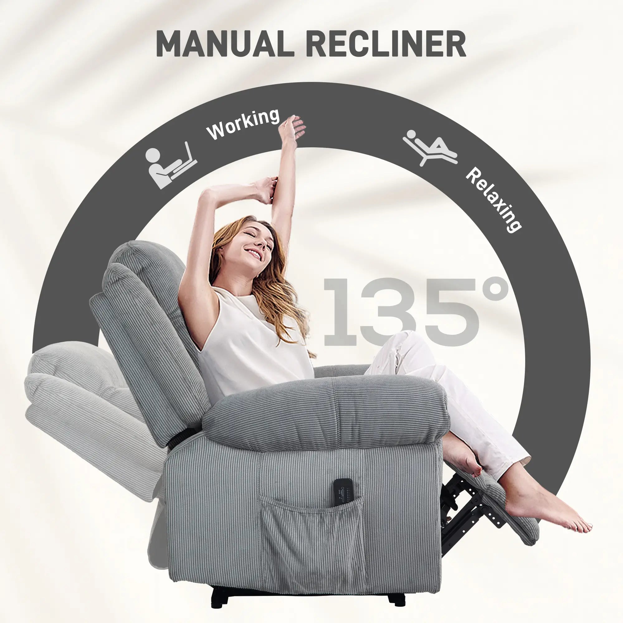 Manual Recliner Chair, Vibration Massage, Side Pockets, Corduroy, Grey Sofas & Reclining Chairs at Gallery Canada