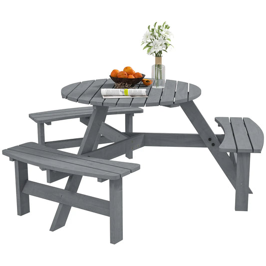 6 Person Round Picnic Table, With Umbrella Hole, 3 Built-in Benches, Grey Outdoor Dining Sets Grey at Gallery Canada