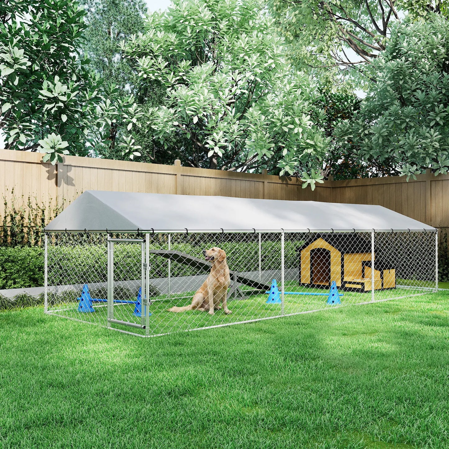 Outdoor Dog Kennel, 19.7' x 7.5' x 4.9', Galvanized Steel Chain Link, Silver Dog Kennels at Gallery Canada
