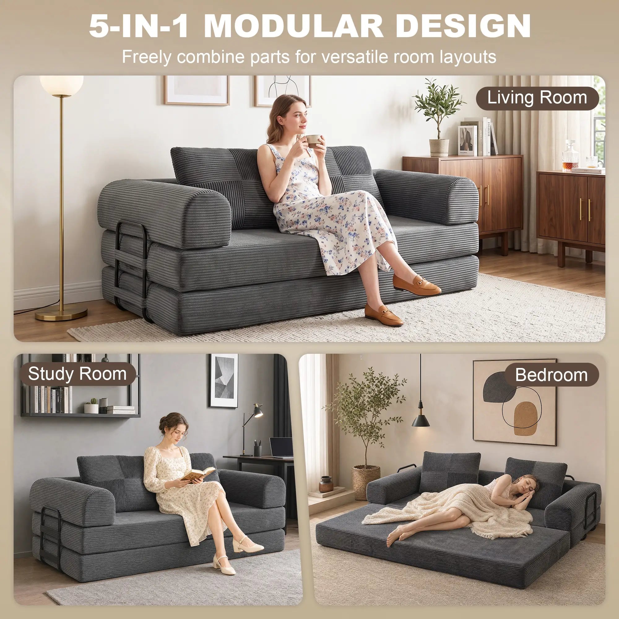 5-in-1 Convertible Sofa Bed, L-Shaped Loveseat, Dark Grey, Dark Grey Sofa Bed at Gallery Canada