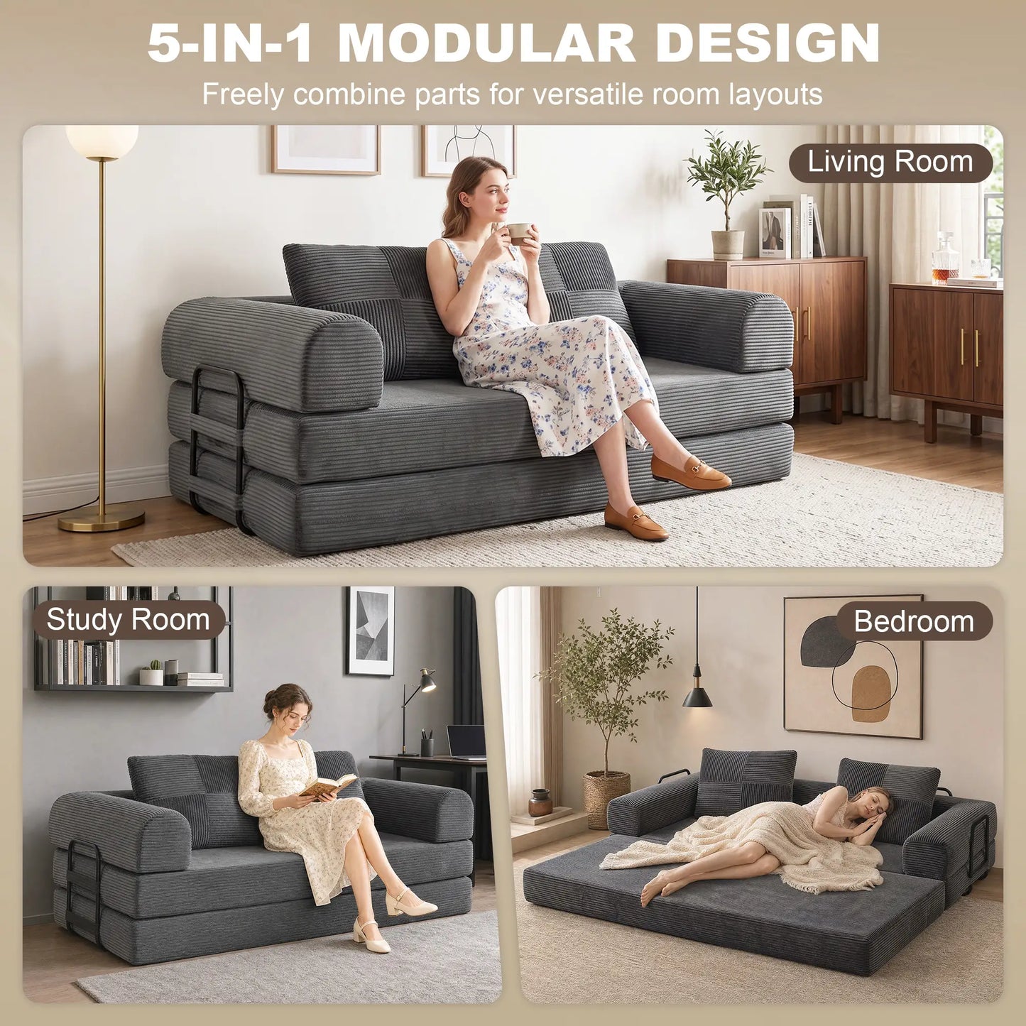 5-in-1 Convertible Sofa Bed, L-Shaped Loveseat, Dark Grey, Dark Grey Sofa Bed at Gallery Canada