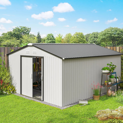 11' x 13' Garden Storage Shed, Metal, Double Doors, White