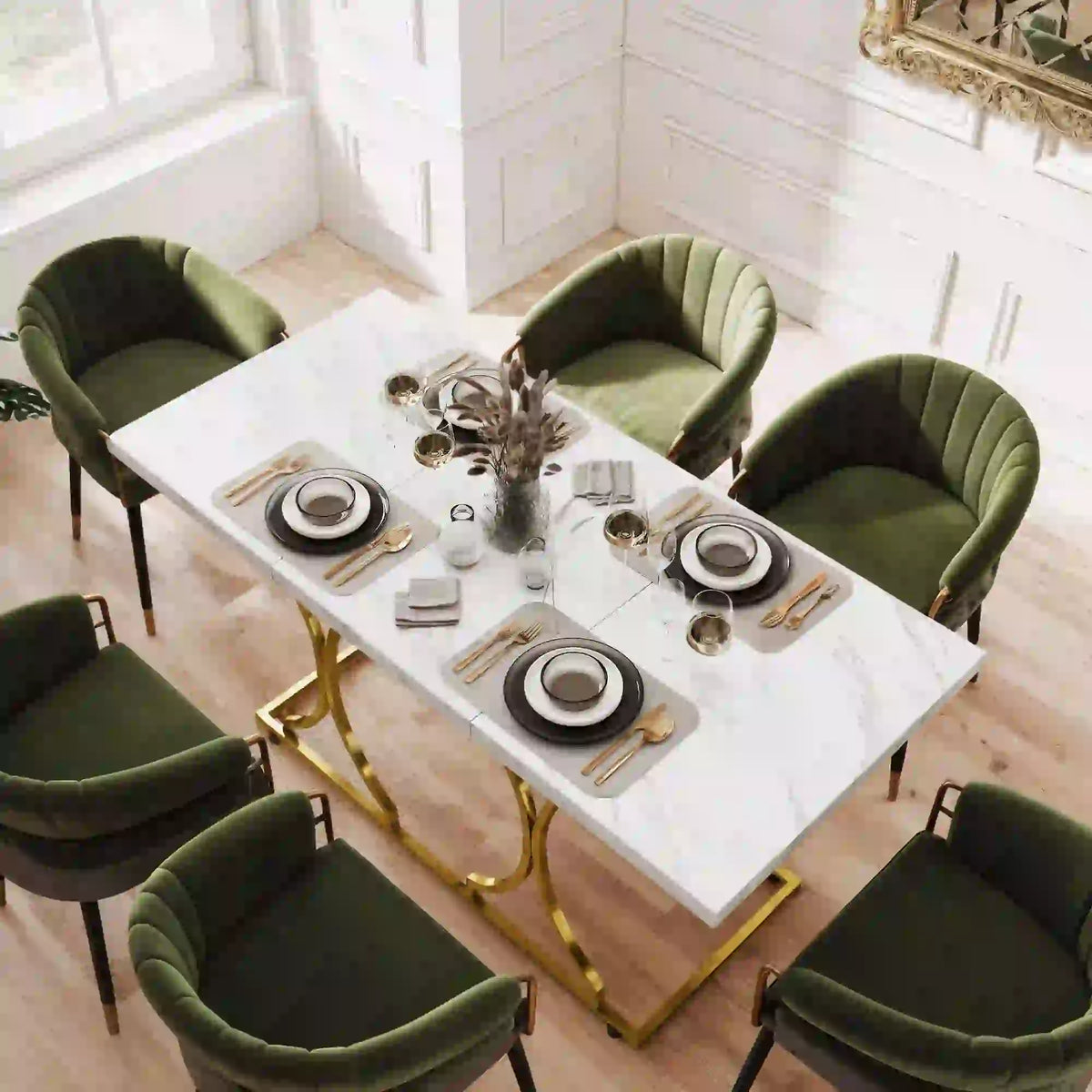 59-Inch Dining Table for 6, Modern Marble-Pattern, White Dining Tables at Gallery Canada