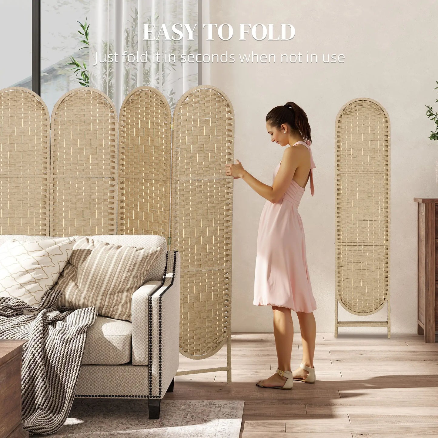 6 Panel Bohemian Privacy Screen, Arched Top Room Divider, Natural Wood Room Dividers at Gallery Canada