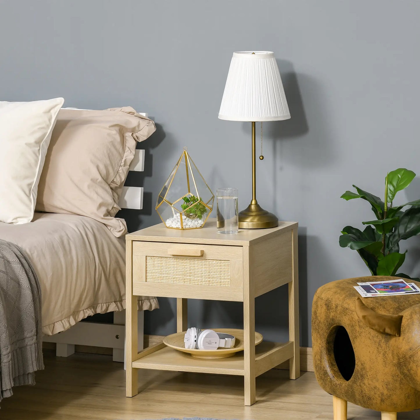 Narrow Nightstand with Rattan, Drawer, Storage Shelf, Natural Bedside Tables at Gallery Canada