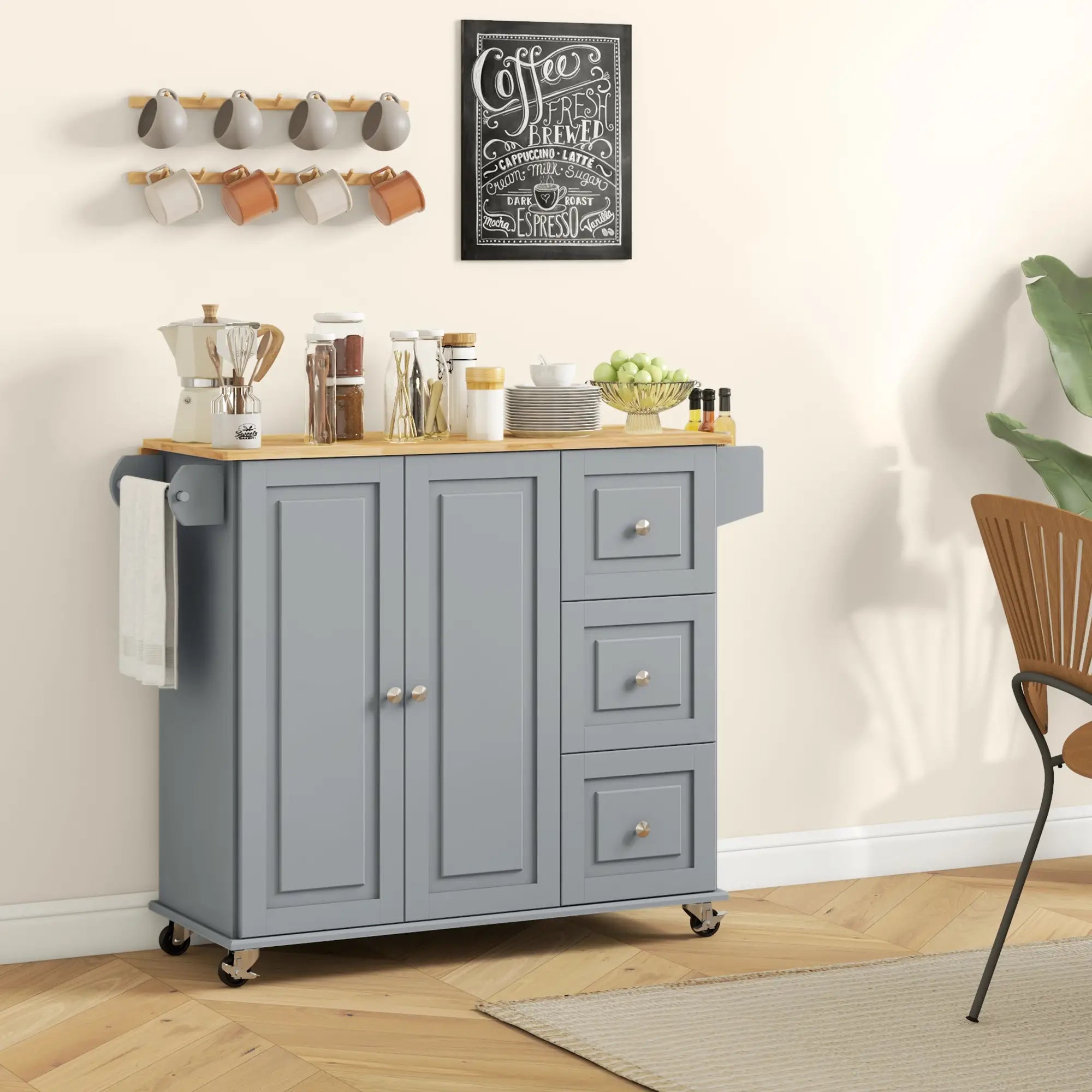 Kitchen Island on Wheels, Drop Leaf Cart with Drawers, Grey Kitchen Islands & Kitchen Carts at Gallery Canada