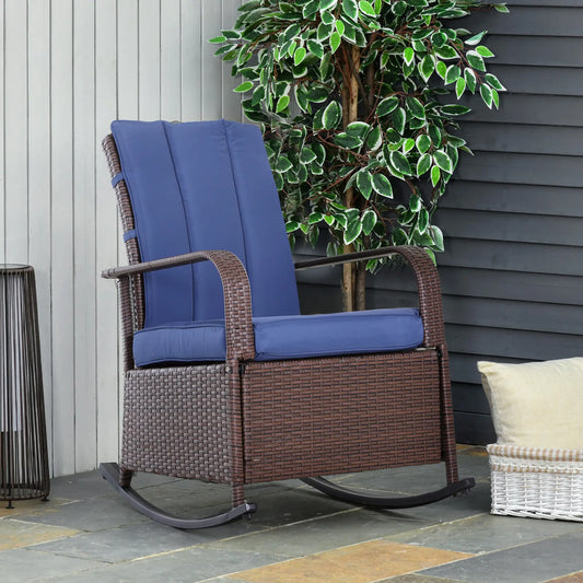 Outdoor Wicker Rocking Chair with Cushion, PE Rattan Recliner, Adjustable Footrest, Dark Blue Outdoor Rocking Chairs Mixed Brown Rattan, Dark Blue Cushion at Gallery Canada