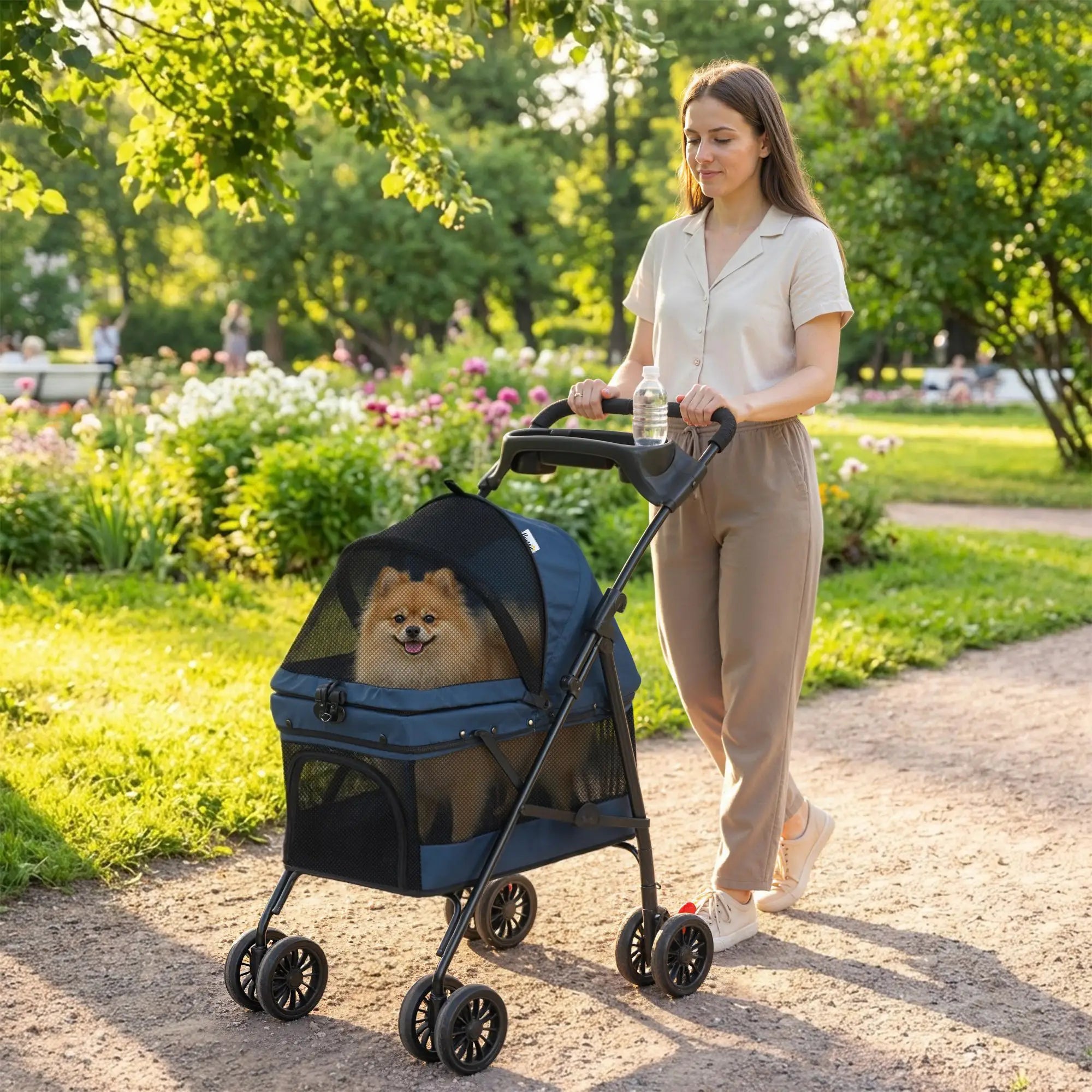 Foldable Pet Stroller for Small Dogs and Cats with 4 Wheels, Mesh Windows, Brake, Removable Pad, Storage Tray, Dark Blue Dog Bike Trailers & Strollers at Gallery Canada