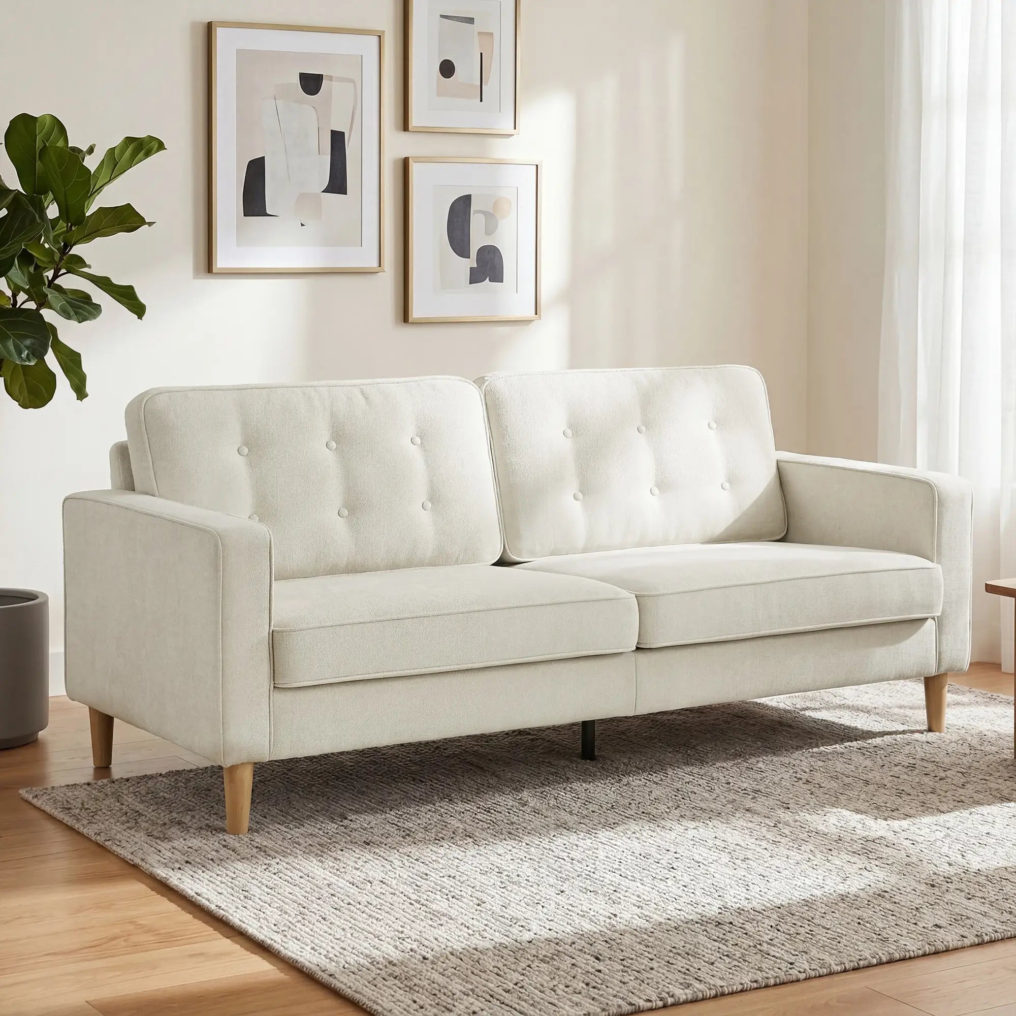 3 Seater Sofa Upholstered with Padded Cushion Modern Button Tufted Couch with Wood Legs, Cream White 3-Seater Sofas at Gallery Canada