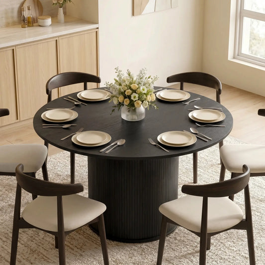 47 Inch Round Dining Table For 5, Fluted Pedestal Base, Black Dining Tables Black Wood Grain at Gallery Canada