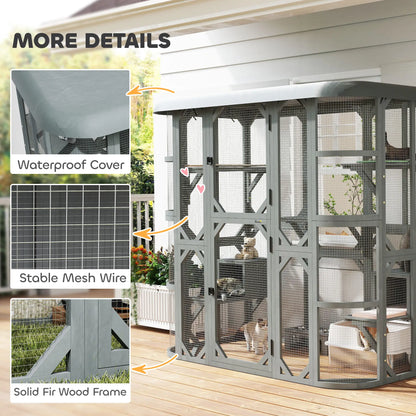 71" Wooden Cat Enclosure, With Platforms And Condos, Grey Outdoor Cat Enclosures at Gallery Canada