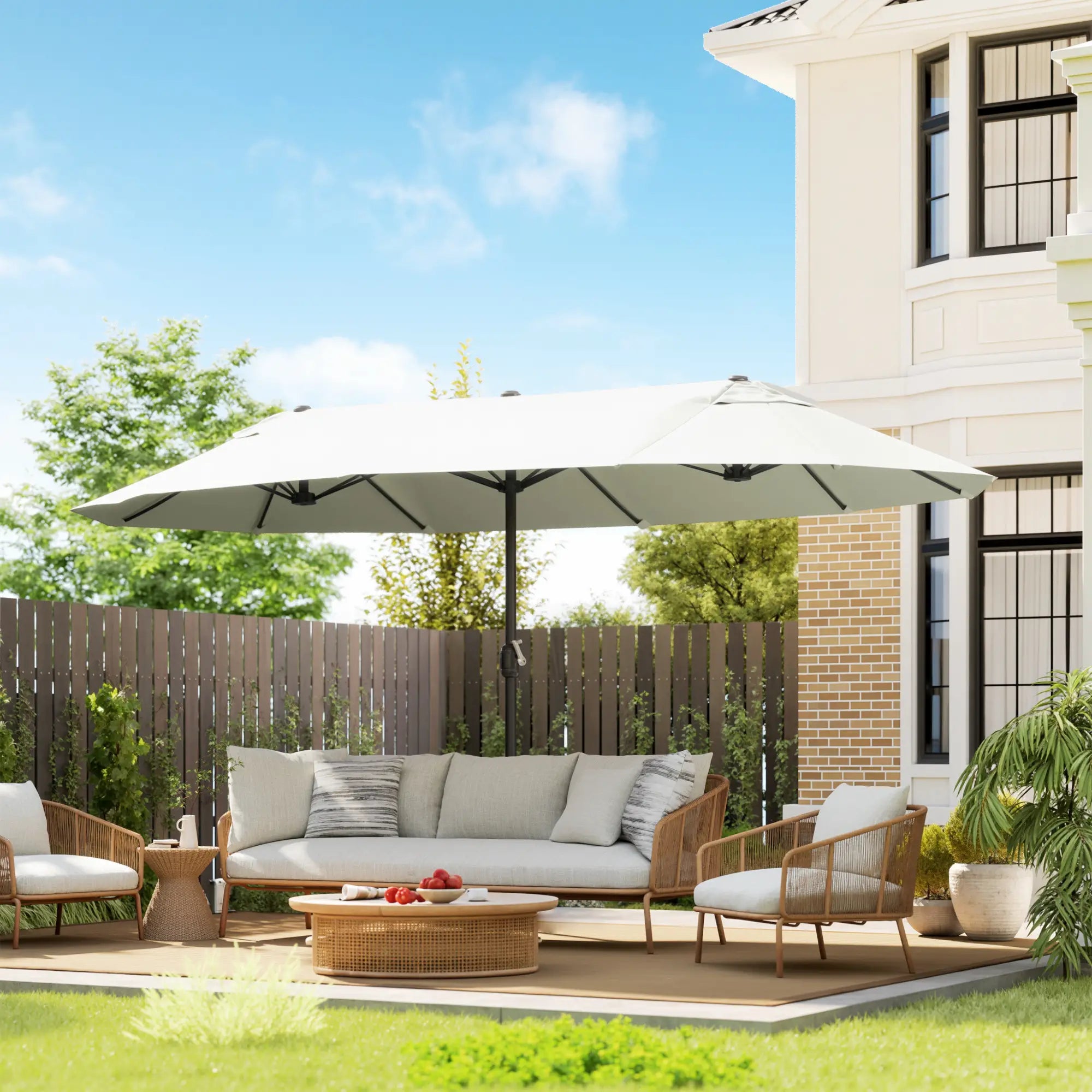 15 Ft Twin Canopy Patio Umbrella, Steel Lift Crank, Beige Sun Umbrellas at Gallery Canada