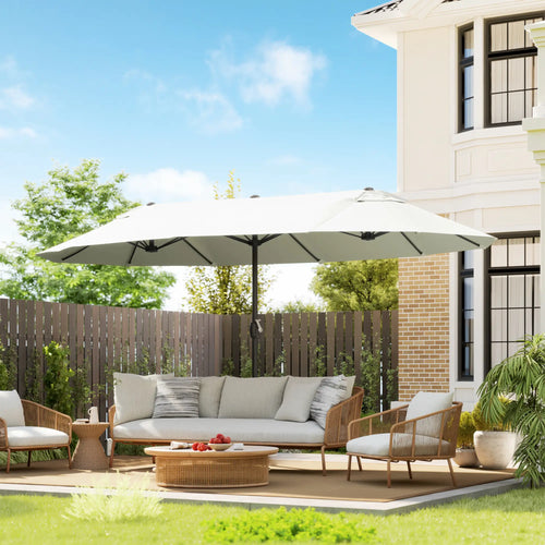 15 Ft Twin Canopy Patio Umbrella, Steel Lift Crank, Beige